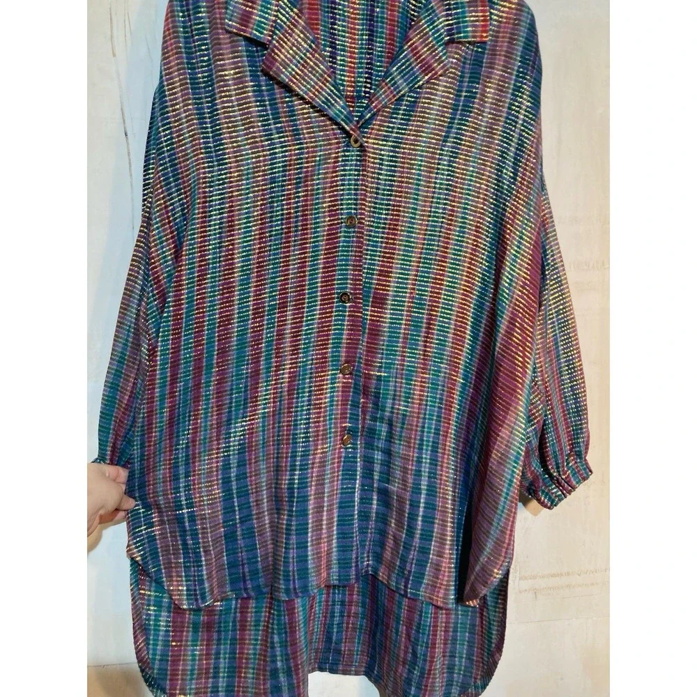 Handmade Button Down Shirt Women‎ Sz L Multi-Color Metallic Lurex Plaid Tunic - Picture 3 of 13